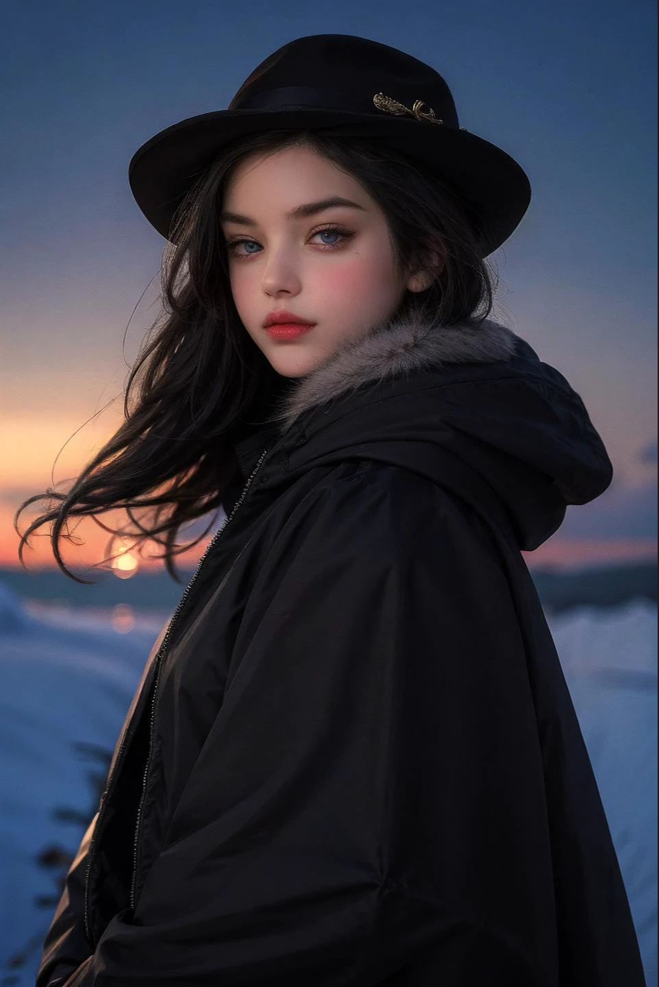 black and gold theme,<lora:oc_v10:0.15>, looking at viewer,gem,crystal,<lora:Rush:0.65>,upper body, reflection,vivid colours, romanticism, cleavage, wind,floating,solo, <lora:WLOP1:0.2> ,hat, magical girl,harry potter \(series\), night,starry sky, hooded cloak, snowing, fashion, from behind, wand, selfie,