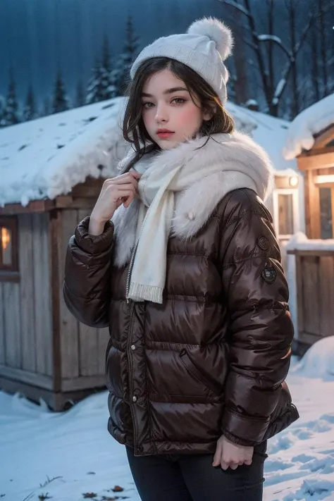 official art,vivid colours,  <lora:OC:0.1>,  glossy skin,shiny skin, <lora:Rush:0.55>, <lora:å¥³ä»:0.3>,  looking at viewer,outdoors,  mountain, campfire,  wind,night,snowing, winter,forest, camp,ice,hat, starsï¼
aurora