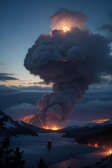 a epic vista, a group of young woman worshipping a giant goddess in the mist, by george perez, atmospheric, moody, at night, Dutch, aesthetical, frightening, prettyish, hair-raising, obscured, clouds, mist, photorealistic, ultra detailed, ultra realistic, omuriceller, blue glacier volcano eruption, ultrawide lens, aerial photography, sunset, beautiful, cgsociety, artstation, 8 k