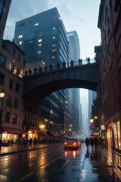 a epic vista, by george perez, atmospheric, moody, at night, Dutch, aesthetical, frightening, prettyish, hair-raising, obscured, clouds, mist, photorealistic, ultra detailed, ultra realistic, omuriceller, 8 k,building, ais-mechdystopia busy avenue, with floating transports and bright signs, pedestrians moving in sync, rain creating reflective pools on the ground