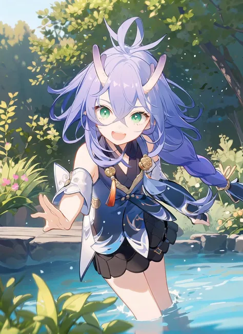 small girl, dancing, dynamic pose, dynamic angle
happy, looking at viewer, close up, upper body, jump,
bailu \(Honkai Star Rail\), woolen skirt, solo, smile, purple hair, plaits, open mouth, long hair, green eyes, dragon horns, detached sleeves, cute, clothes, braids, yellow tassels, blue and white clothes, black skirt, bare legs, water, detail, short boots, masterpiece, best quality, <lora:BailuHonkaiStarRail_v10:1:MIDD>
in the garden, nature, trees, forest, sunshine <lora:squeezer_:1>