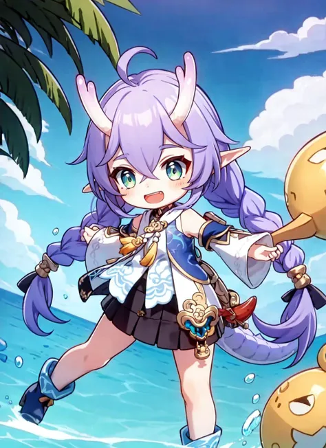 chibi,original,
<lora:BailuHonkaiStarRail_v10:0.7>, 1girl, solo, bailu \(Honkai Star Rail\), cute, purple hair, long hair, green eyes, plaits, braids, clothes, blue and white clothes, detached sleeves, black skirt, woolen skirt, swim, smile, short boots, open mouth, gourd, yellow tassels, dragon horns, bare legs, look from side, ocean, dragon tail, purple tail, tail, elf ear,, masterpiece, best quality,