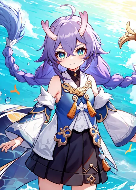 1girl, bailu \(Honkai Star Rail\), stand, solo, purple hair, plaits, closed mouth, long hair, green eyes, dragon horns, detached sleeves, cute, clothes, braids, yellow tassels, blue and white clothes, black skirt, bare legs, blue background, ocean, masterpiece, best quality, water, detail, <lyco:bailuv2:0.7>, woolen skirt,, masterpiece, best quality,