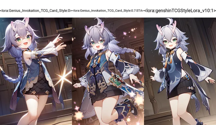 dutch angle, (masterpiece, best quality, extremely detailed CG, beautiful detailed eyes, ultra-detailed, intricate details:1.2), 8k wallpaper, elaborate features,
small girl, dancing, dynamic pose, dynamic angle
happy, looking at viewer, jump,
bailu \(Honkai Star Rail\), woolen skirt, solo, smile, purple hair, plaits, open mouth, long hair, green eyes, dragon horns, detached sleeves, cute, clothes, braids, yellow tassels, blue and white clothes, black skirt, bare legs, water, detail, short boots, masterpiece, best quality, <lora:BailuHonkaiStarRail_v10:1.1:MIDD>
bloom, bokeh, caustics, chiaroscuro, chromatic aberration, diffraction spikes, depth of field, drop shadow, foreshortening, gradient, lens flare, light particles, particles
<lora:Genius_Invokation_TCG_Card_Style:0>