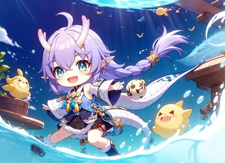 chibi,original,
<lora:BailuHonkaiStarRail_v10:0.7>, 1girl, solo, bailu \(Honkai Star Rail\), cute, purple hair, long hair, green eyes, plaits, braids, clothes, blue and white clothes, detached sleeves, black skirt, woolen skirt, swim, smile, short boots, open mouth, gourd, yellow tassels, dragon horns, bare legs, look from side, ocean, dragon tail, purple tail, tail, elf ear,, masterpiece, best quality,