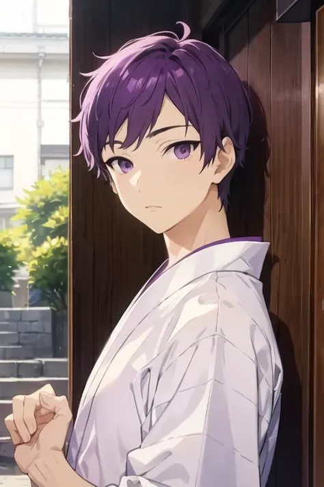 masterpiece, best quality, high quality, 1boy, solo, male focus, looking at viewer, upper body, <lora:tooru_ishikawa:0.58>, tooru_ishikawa, purple hair, purple eyes, , yukata