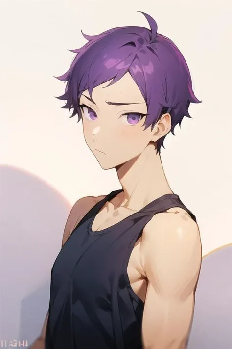 masterpiece, best quality, high quality, 1boy, solo, male focus, looking at viewer, upper body, <lora:kishou_yamada_asaemon:0.52>, kishou_yamada_asaemon, purple hair, purple eyes, , tank top