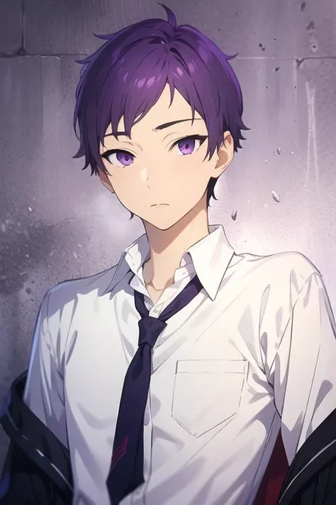 masterpiece, best quality, high quality, 1boy, solo, male focus, looking at viewer, upper body, <lora:tooru_ishikawa:0.54>, tooru_ishikawa, purple hair, purple eyes, ,