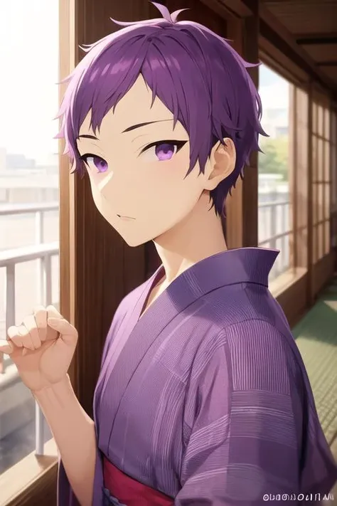 masterpiece, best quality, high quality, 1boy, solo, male focus, looking at viewer, upper body, <lora:tooru_ishikawa:0.78>, tooru_ishikawa, purple hair, purple eyes, , yukata