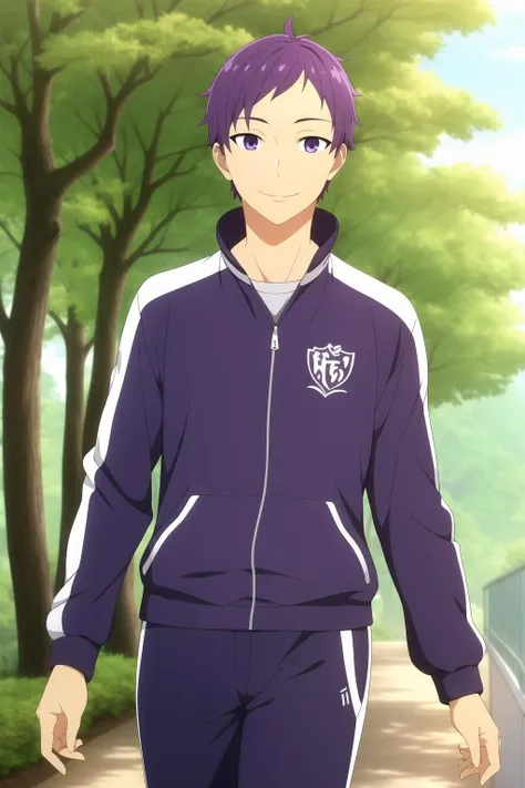 masterpiece, best quality, tooru_ishikawa, 1boy, cowboy shot, walking, purple hair, purple eyes, smile, track jacket, track pants, forest, tree, flowers, nature,