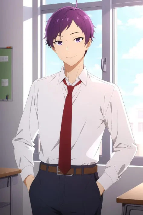 masterpiece, best quality, tooru_ishikawa, 1boy, standing, upper body, purple hair, purple eyes, light smile, white shirt, red necktie, black pants, belt, hands in pockets, classroom, window,
