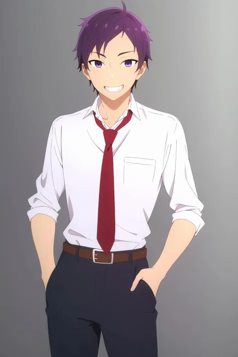 masterpiece, best quality, tooru_ishikawa, 1boy, cowboy shot, standing, purple hair, purple eyes, grin, white shirt, red necktie, black pants, belt, hands in pockets, simple background,