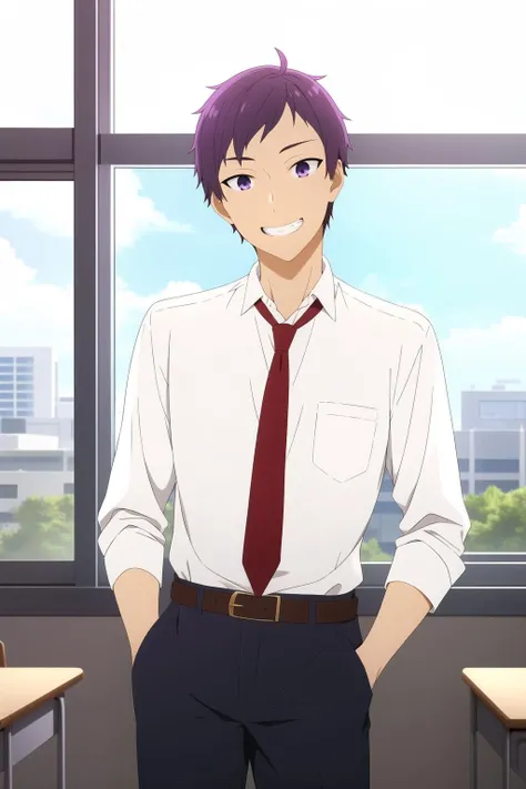 masterpiece, best quality, tooru_ishikawa, 1boy, standing, upper body, purple hair, purple eyes, grin, white shirt, red necktie, black pants, belt, hands in pockets, classroom, window,