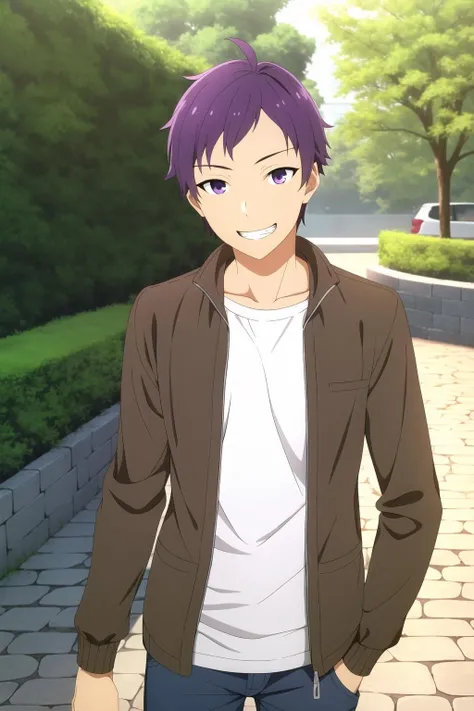 masterpiece, best quality, tooru_ishikawa, 1boy, upper body, standing, purple hair, purple eyes, grin, (casual), (brown jacket), open jacket, t-shirt, jeans, park, tree, stone walkway,