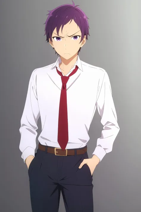 masterpiece, best quality, tooru_ishikawa, 1boy, cowboy shot, standing, purple hair, purple eyes, annoyed, white shirt, red necktie, black pants, belt, hands in pockets, simple background,