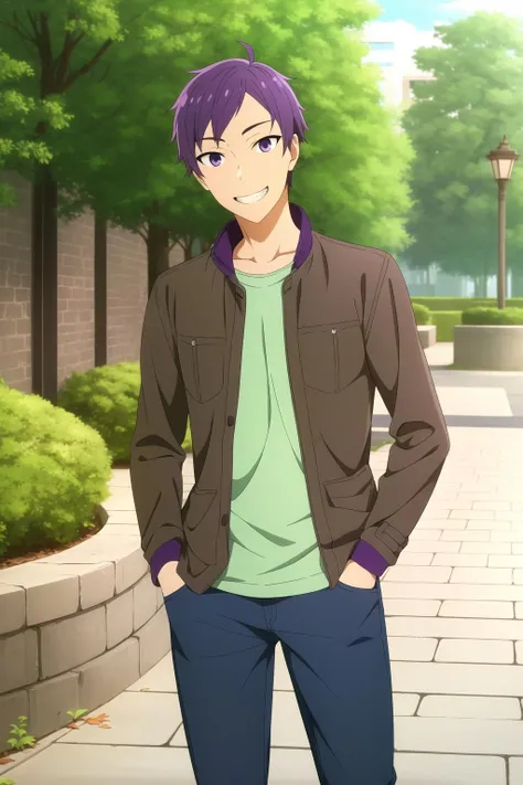 masterpiece, best quality, tooru_ishikawa, 1boy, cowboy shot, standing, purple hair, purple eyes, grin, (casual), (brown jacket), open jacket, t-shirt, jeans, hands in pockets, park, tree, stone walkway,