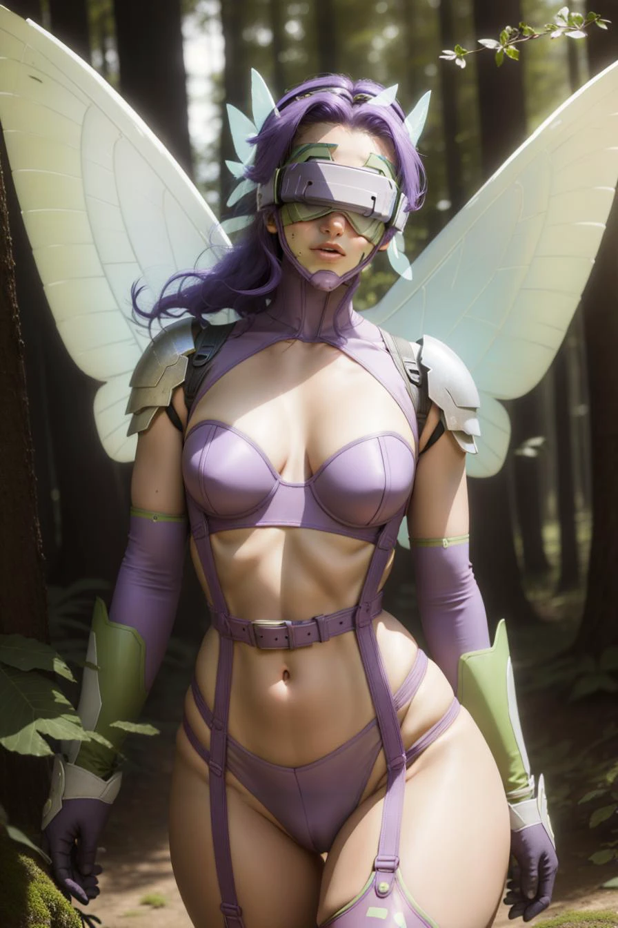 <lora:fairimontest:0.9> fairimon, facial mark, purple hair, short hair, visor (armor), hair ornament, (covered eyes:1.7),, belt, bikini, bra, butterfly wings gauntlets, cleavage, garter straps, gauntlets, highleg, highleg panties, navel, panties, purple bra, purple panties, shoulder pads, swimsuit, thighhighs, underwear,, <lora:BG_D:0.3> forest <lora:butterflyWings_butterflyWingsV1:0.8> light blue butterfly wings, (realistic),