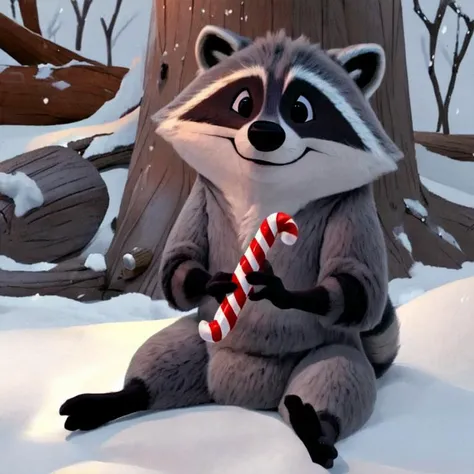 <lora:RankinBass v2:0.7> (RankinBass),felt fabric, simple black eyes, doll, miniature, plastic, ((Meeko)), ((feral)), male, raccoon, ((((grey fur)))), ((black hand paws, four fingers)), (raccoon tail), ((small raccoon body)), snow, sitting on ground, detailed background, holding candy cane, solo, <lora:meeko_v11fr:1.1>