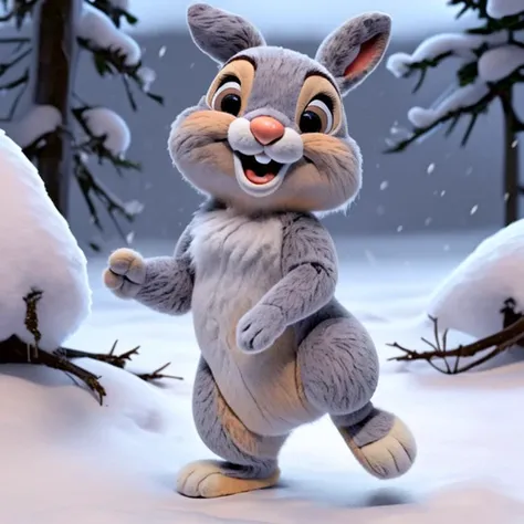 <lora:RankinBass v2:0.7> (RankinBass),felt fabric, simple black eyes, doll, miniature, plastic, <lora:thumper_frv1:0.9>, (thumper (disney)), ((feral)), male, bunny, rabbit, ((((grey fur)))), hazel eyes, [1 bucktooth], ((small bunny body)), ((((looking cute)))), ((((happy expression)))), ((open mouth)), snow, ((standing)), (((raising leg))), ((turned to side)), detailed background, solo,