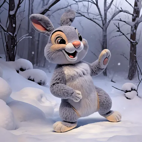 <lora:RankinBass v2:0.7> (RankinBass),felt fabric, simple black eyes, doll, miniature, plastic, <lora:thumper_frv1:0.9>, (thumper (disney)), ((feral)), male, bunny, rabbit, ((((grey fur)))), hazel eyes, [1 bucktooth], ((small bunny body)), ((((looking cute)))), ((((happy expression)))), ((open mouth)), snow, ((standing)), (((raising leg))), ((turned to side)), detailed background, solo,