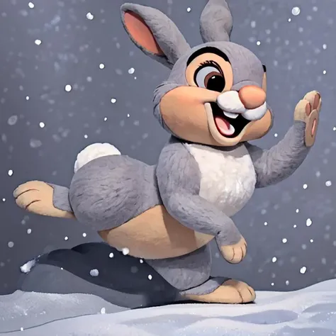 <lora:RankinBass v2:0.7> (RankinBass),felt fabric, simple black eyes, doll, miniature, plastic, <lora:thumper_frv1:0.9>, (thumper (disney)), ((feral)), male, bunny, rabbit, ((((grey fur)))), hazel eyes, [1 bucktooth], ((small bunny body)), ((((looking cute)))), ((((happy expression)))), ((open mouth)), snow, ((standing)), (((raising leg))), ((turned to side)), detailed background, solo,