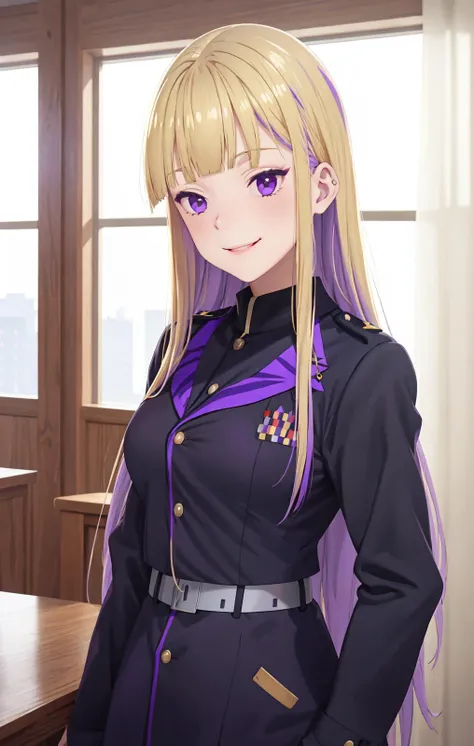 masterpiece,
<lora:ReimiItsushiro:1> blonde hair, long hair, bangs, purple eyes, blunt bangs, sidelocks, purple colored inner hair
1girl,solo, vivid colors,
happy smile,
(military uniform:1.2),
military office building,