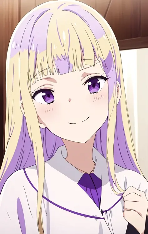masterpiece,
 <lora:ReimiItsushiro:1>  light blonde hair, long hair, bangs, purple eyes, blunt bangs, sidelocks, purple colored inner hair
1girl,solo, vivid colors,
[(anime screencap:1.2):0.34],
happy smile,
(white robe:1.2),
portrait,