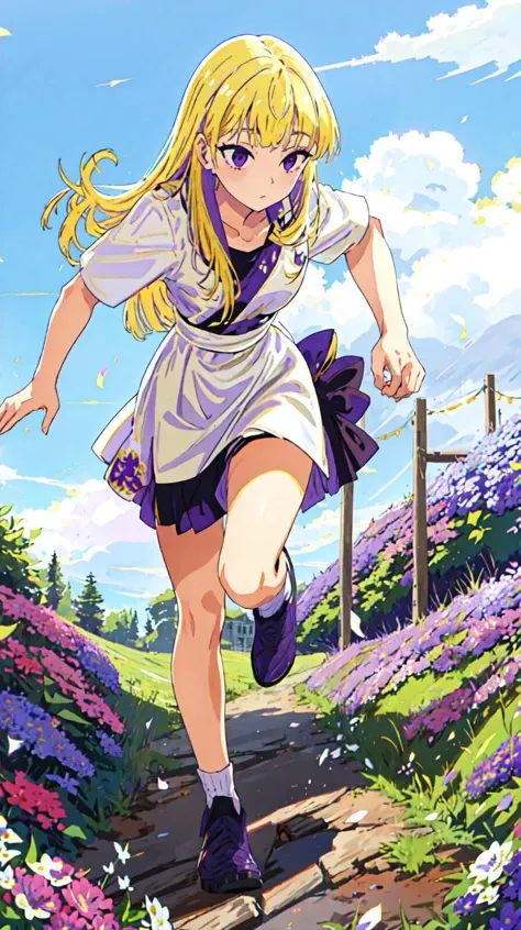 masterpiece,
 <lora:ReimiItsushiro:1>  (blonde hair), long hair, bangs, purple eyes, blunt bangs, sidelocks, [purple colored inner hair:0.2]
1girl,solo, (vivid colors),
(white robe),
running 
field of flowers, beautiful blue sky,