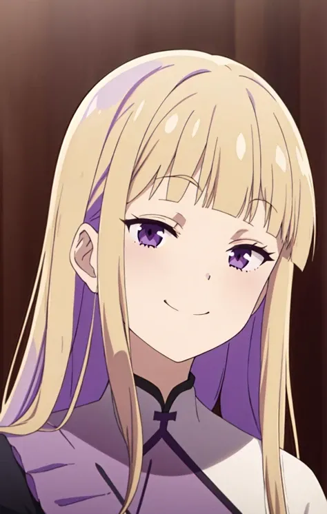 masterpiece,
<lora:ReimiItsushiro:1> light blonde hair, long hair, bangs, purple eyes, blunt bangs, sidelocks, purple colored inner hair
1girl,solo,
happy smile,
portrait,