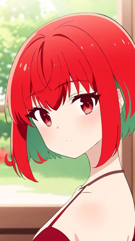 masterpiece,
<lora:KanaFujii:1> red hair, short hair, bangs, red eyes, hair between eyes, green colored inner hair
1girl,solo, (vivid colors),