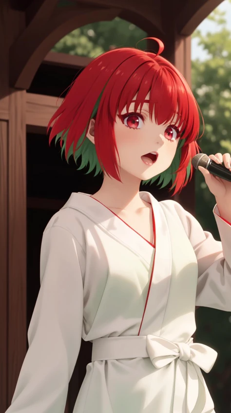 <lora:KanaFujii:0.8> red hair, short hair, bangs, eyes, hair between eyes, green colored inner hair
[(anime screencap:1.2):0.34],
wide open eyes,
(vivid color),
1girl, solo,
happy, singing,
(white robe:1.3), (long sleeves:1.1),
(teen,teenager,************, 14y.o.,),