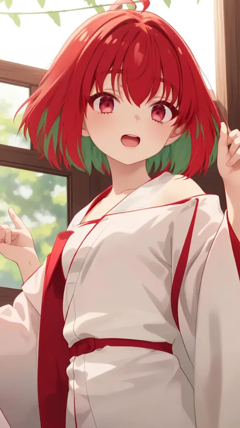 <lora:KanaFujii:1> red hair, short hair, bangs, eyes, hair between eyes, green colored inner hair
[(anime screencap:1.2):0.34],
wide open eyes,
(vivid color),
1girl, solo,
happy, singing,
(white robe:1.3), (long sleeves:1.1),
(teen,teenager,************, 14y.o.,),