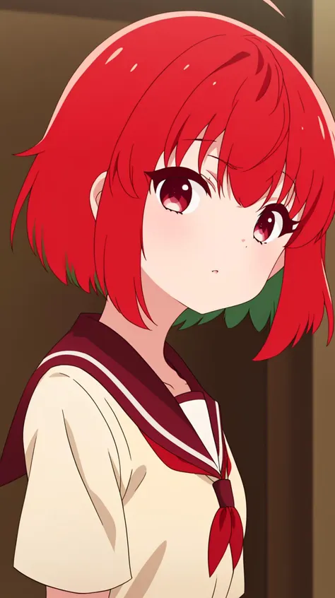 <lora:KanaFujii:1> red hair, short hair, bangs, eyes, hair between eyes, green colored inner hair
[(anime screencap:1.2):0.34],
wide open eyes,
(vivid color),
1girl, solo,
(school uniform),
(teen,teenager,************, 14y.o.,),