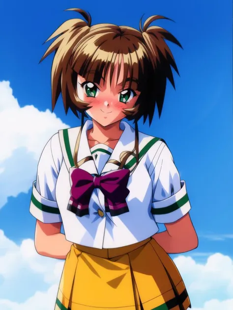 <lora:Ichimonji_Akane:1>,IchimonjiAkane, 1girl, solo, school uniform, smile, skirt, blush, looking at viewer, 1990s (style), bow, pleated skirt, serafuku, twintails, shirt, short sleeves,
school, sky,
masterpiece, high quality, very_high_resolution, large_filesize, full color,