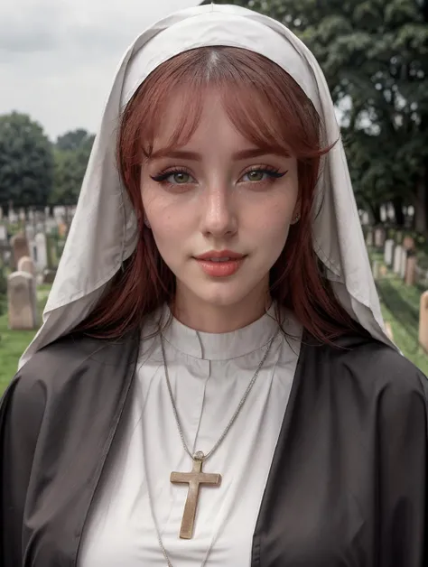 RAW Photo, professional color graded, BREAK portrait photograph of girl Morgp1e, red hair, makeup, eyeliner, (wearing nun outfit), ((cemetery background)), bokeh lights, sharp focus, HDR, 8K resolution, intricate detail, sophisticated detail, depth of field, analogue RAW DSLR, photorealistic, looking at viewer, <lora:detailed_eye:0.8>, <lora:Morgp1e:0.85>, <lora:quickfix:1>