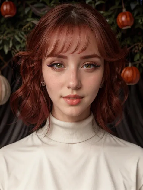 RAW Photo, professional color graded, BREAK portrait photograph of girl Morgp1e, red hair, makeup, eyeliner, (wearing turtleneck dress), ((autumn background)), bokeh lights, sharp focus, HDR, 8K resolution, intricate detail, sophisticated detail, depth of field, analogue RAW DSLR, photorealistic, looking at viewer, <lora:detailed_eye:0.8>, <lora:Morgp1e:0.85>, <lora:quickfix:1>