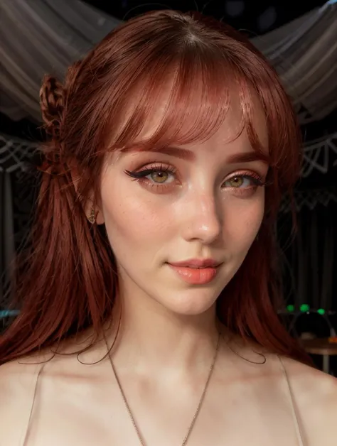 RAW Photo, professional color graded, BREAK portrait photograph of girl Morgp1e, red hair, makeup, eyeliner, (wearing dress), ((on a stage)), bokeh lights, sharp focus, HDR, 8K resolution, intricate detail, sophisticated detail, depth of field, analogue RAW DSLR, photorealistic, looking at viewer, <lora:detailed_eye:0.8>, <lora:Morgp1e:0.85>, <lora:quickfix:1>