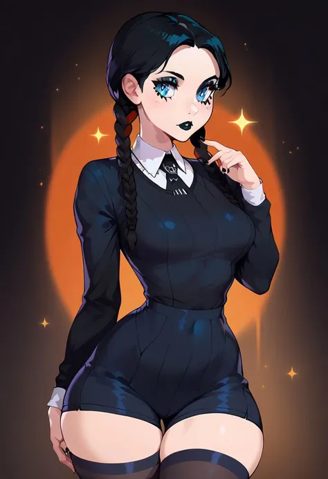 score_9, score_8_up, score_8, big breasts, (curvy), cute, eyelashes,
zzNill, 1girl, wednesday addams, cowboy shot, goth girl, black lipstick, wide hips, posing, stockings, short shorts,
Expressiveh,