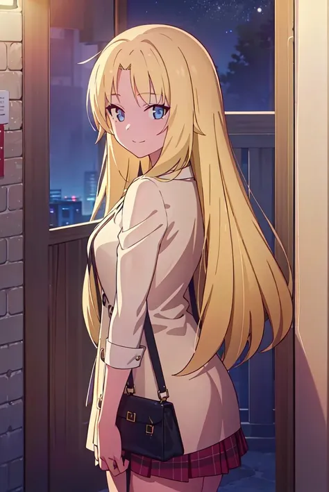 (extremely detailed CG unity 8k wallpaper), (masterpiece), (best quality), (ultra-detailed), (best illustration), (best shadow), (absurdres),   <lora:rita-13:0.6>,rita, 1girl, long hair, blonde hair, solo, blue eyes, smile, bag, looking at viewer, night