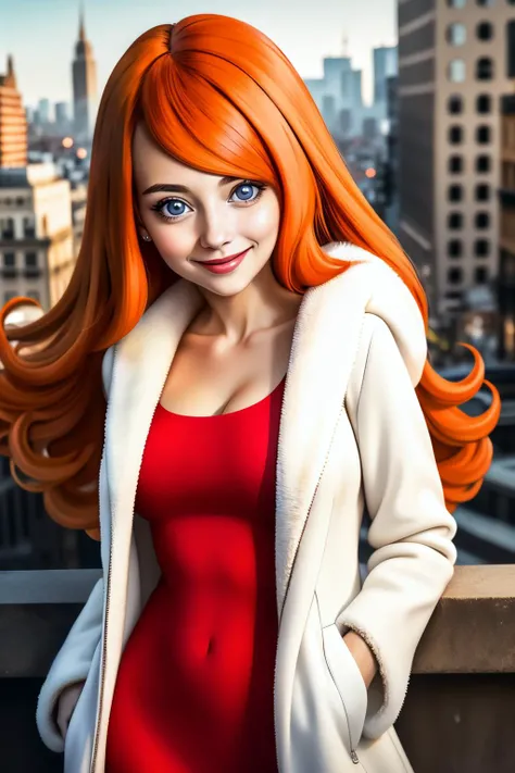 masterpiece, (adult), (mona), gorgeous eyes, (red dress:1.2), white fur coat, long orange hair, smile, realistic, best quality, sharp focus, natural lighting, vivid city background, <lora:Mona_v1.0:0.7>