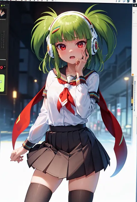 ((masterpiece, best quality)), 1girl, hishimiya tsugaru, red eyes, green hair, (tricoro:1.3), headphones, hairclip, school uniform, pleated skirt, black thighhighs, white shirt <lyco:hishimiyaTsugaruBeatmania:0.75>