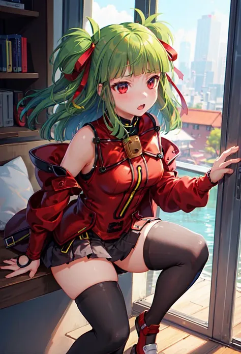 ((masterpiece, best quality)), 1girl, hishimiya tsugaru, red eyes, green hair, bangs, red clothes, black thighhighs, ribbon, pleated skirt <lyco:hishimiyaTsugaruBeatmania:0.75>