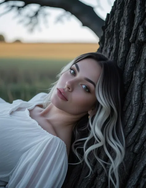 zavy-smthnm, Close-up shot from a low angle, a spectral glow of a witch elegantly draped over the lap of zavy-ghst seated on a tree branch. She lies flat on her stomach gracefully across his lap, her flowing curves accentuated in the somber light of the field. With her large, expressive eyes filled with a blend of abuse and insanity, she gazes ahead as he is raising his hand as if to signify a moment of impending discipline. Her delicate featuresâa soft contour of rounded cheeks and a gently pouting mouthâenhance the overall wistfulness of her expression with shimmering translucent fur and ethereal wisps emanating from its body, a moonlit field in the background, high-contrast photography, flat chest