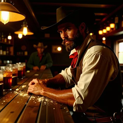 A classic Western saloon interior, dimly lit and filled with an intense atmosphere. In the foreground, a close-up of a rugged bartender with a worn apron and sharp glare focused on a cowboy in the background. The bartenderâs expression is hardened, adding tension to the scene. The lighting is backlit, casting diffused shadows across the wooden bar and highlighting the intricate details of the saloonâs dark, moody ambiance. Dust particles are visible in the air, with soft light filtering through, enhancing the sense of time and place. The setting captures the iconic ruggedness and drama of the Old West.|SPLIT|Classic Western saloon interior, dimly lit and moody; backlit with diffused shadows, dust particles in the air|SPLIT|G: Rugged bartender, worn apron, glaring intently at a cowboy in the background