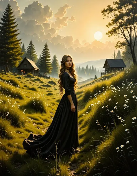 Dark fantasy oil painting in the hyper-representational style of 1970s-80s Boris Vallejo, blending the sensuous energy of Vallejo's fantasy art with the rustic charm of the Swedish countryside in the 1700s. A breathtaking, alluring woman with long, blonde messy hair stands amidst a lush, open landscape of rolling green fields and dense forests, illuminated by the soft light of dawn . Her expression is both flirtatious, sexy and happy  embodying a sense of natural beauty and raw, untamed energy.
She wears a flowing, transparent  gown, loosely draped around her figure . Gold accents, such as a simple choker and delicate anklets, add a touch of elegance to her rustic attire. The ground beneath her feet is dotted with wildflowers, and the soft, early morning mist creates a dreamy haze that diffuses the light, casting a gentle glow on her and the surrounding landscape.
The scene is filled with elements of the Swedish countryside: traditional wooden cottages in the background, dense clusters of birch trees, and a carpet of moss and ferns underfoot. Beams of light filter through the mist and tree branches, illuminating dust and pollen in the air, adding depth and a sense of magic to the scene. The color palette is earthy and vibrant, with warm tones and cool shadows that create a painterly, timeless atmosphere. Inspired by Vallejo's style, the image captures a harmonious blend of sensuality and natural beauty, transporting the viewer to an enchanted vision of 18th-century Sweden., 1girl, perfectly flat chest, tiny perky tits