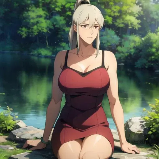 woman, luna, <lora:LunaAOM:0.7>, image of luna,sitting, forest, lake, collarbone, beautiful, lush, vibrant, dramatic lighting, 8k, octane render, hyper detailed, best quality, masterpiece, red dress