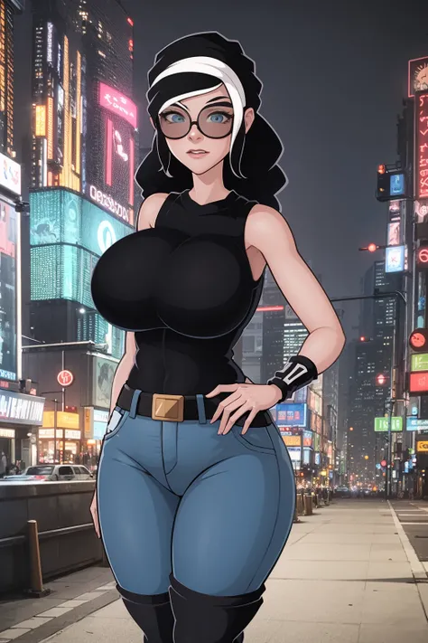 masterpiece, best quality, 1girl, tilda, glasses, black hair, solo, huge breasts, blue eyes, pants, jeans, black sleeveless shirt, thigh boots, thighhighs, looking at viewer, cyberpunk city background, night, neon light <lora:Tilda:1>