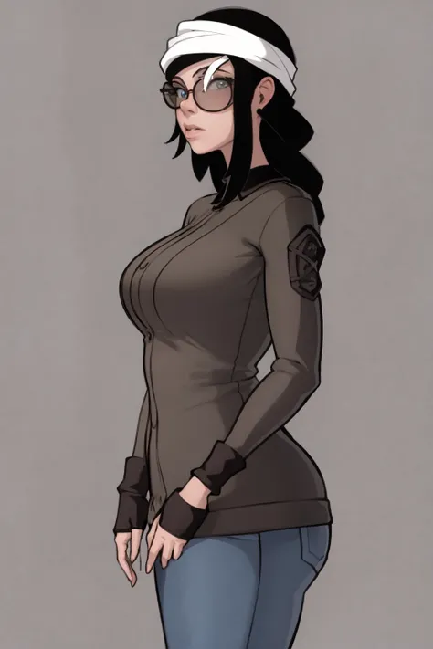 masterpiece, best quality, 1girl, tilda, glasses, black hair, long hair, closeup, blue eyes, (sketch), solid gray background <lora:Tilda:1>
