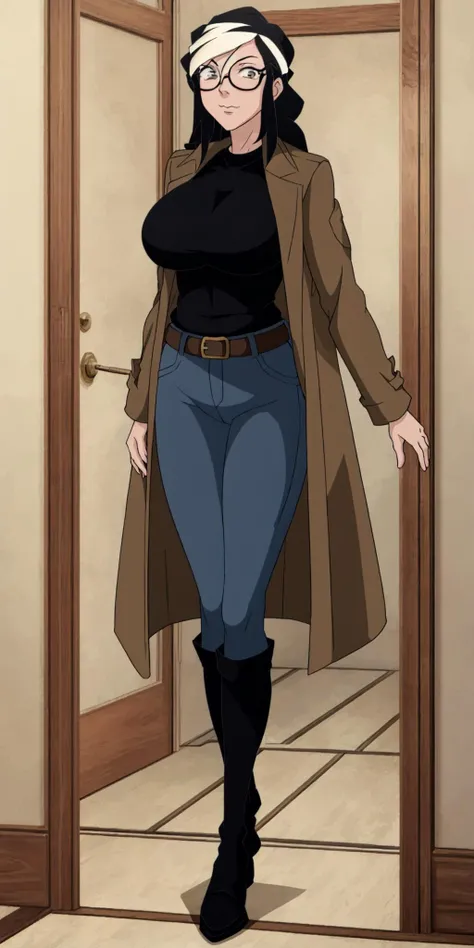 masterpiece, high quality, best quality, 1girl, (muscular female:1.0), (super gigantic breasts:1.0), (closed mouth, half smile), tilda, black hair, long hair, white hair, multicolored hair, blue eyes, glasses, (black compression shirt:1.5), blue pants, black thigh-high boots, (brown overcoat:1.5), black belt with gold buckle, anime screencap, anime key visual, (fully clothed:1.0), full body <lora:Tilda:1>