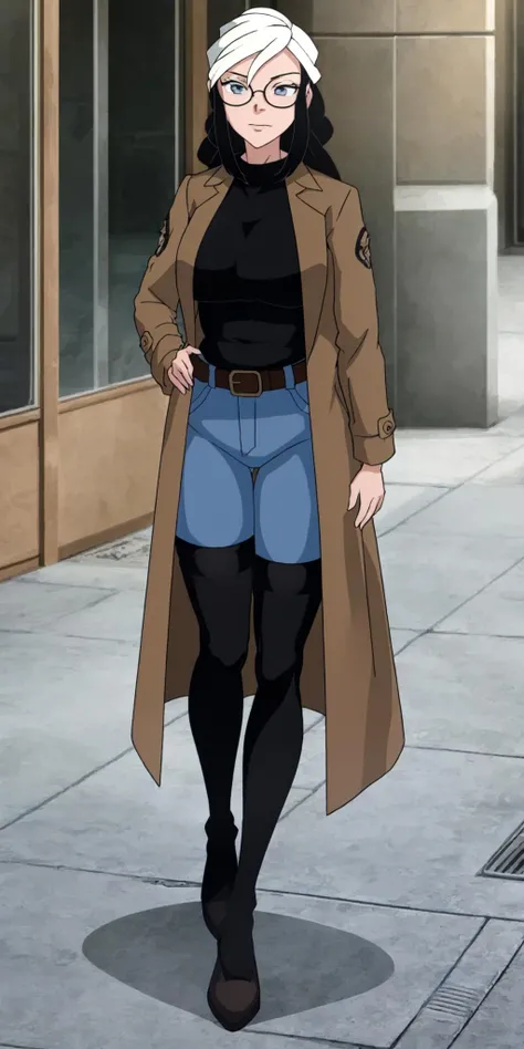 masterpiece, high quality, best quality, 1girl, (muscular female:1.0), (super gigantic breasts:1.0), (closed mouth, half smile), tilda, black hair, long hair, white hair, multicolored hair, blue eyes, glasses, (black compression shirt:1.5), blue pants, black thigh-high boots, (brown overcoat:1.5), black belt with gold buckle, anime screencap, anime key visual, (fully clothed:1.0), full body <lora:Tilda:1>